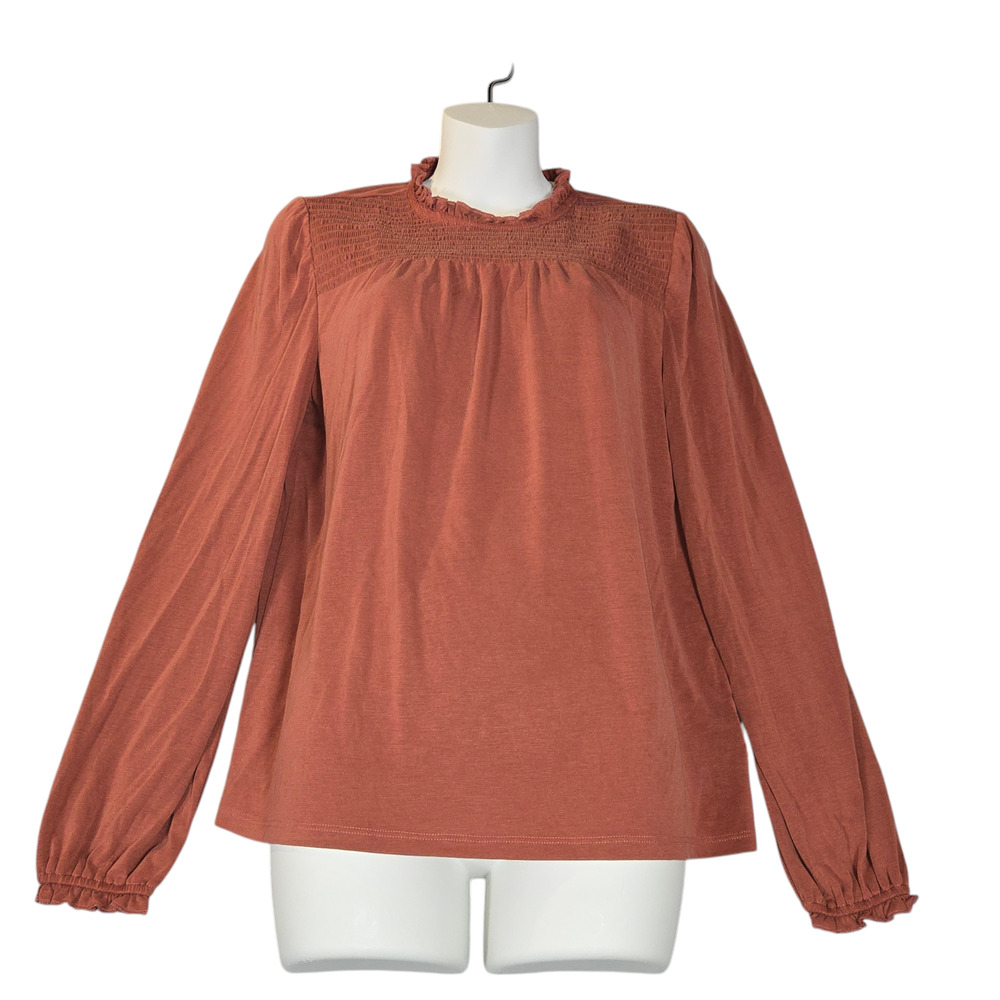 Lucky Brand‎ Womens Small Smocked Blouse Burnt Orange Modal Soft Long Sleeve